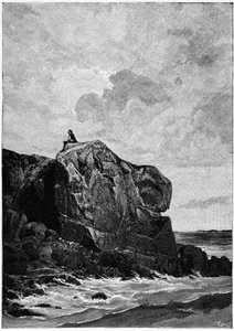 Victor Hugo ve vyhnanství na ostrově Jersey v roce 1855, na skále Proscriit. Rytina Louise Fortune Meaulla (1844-1901), o níž Hugo řekl: "I think, il grave". od Fortune Louis Meaulle