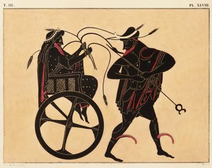 Tisk dekorace na řecké amfoře, zobrazující Triptolema a Herma, c. 1858 (akvarel a tělová barva přes lito na tkaném papíře) od Fourquemin Fourquemin