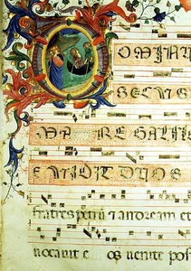 Ms 558 f.9r Historická iniciála „O“ zobrazující Povolání svatého Petra a svatého Ondřeje s notovým zápisem, detail stránky z misálu, začátek 30. let 14. století (vellum) (podrobnosti viz 78833 a 88929) od Fra (c.1387 1455) Angelico