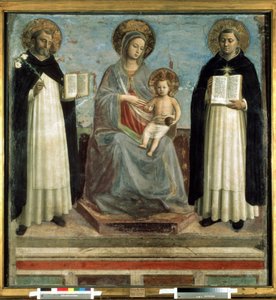 "Madona a dítě obklopené svatým Dominikem de Guzman (1170-1221), zakladatelem dominikánského řádu a svatým Tomášem Akvinským (1225-1274), učitelem církve" (Panna a dítě se svatými Dominikem a Tomášem Akvinským) Distemper na dřevě jmelí