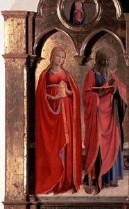 Panna a dítě trůnící se čtyřmi anděly, detail sv. Jana Evangelisty a Máří Magdalény, z Polittico di San Domenico (detail 43910) od Fra (c.1387 1455) Angelico