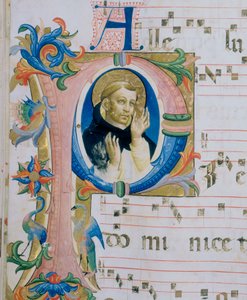Dominikánský svatý. Ilustrovaná miniatura v misálu (cca 9, verso) od Fra  Angelico