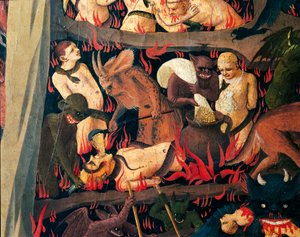 Peklo s démony trestající chamtivost, detail z Posledního soudu od Giovanniho da Fiesole známého jako Fra Angelico (1400-cca 1455), tempera na dřevě