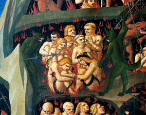 Peklo s démony trestající lenochy, detail z Posledního soudu od Giovanni da Fiesole, známého jako Fra Angelico (1400-cca 1455), tempera na dřevě