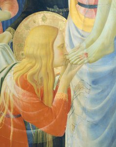 Marie Magdalena líbající Ježíšovy nohy, detail z Depozice z kříže nebo oltářní obraz Nejsvětější Trojice, kolem roku 1432, od Giovanni da Fiesole známého jako Fra Angelico (1400-cca 1455), tempera na dřevě