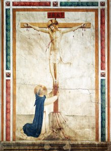 Svatý Dominik adorující krucifix od Giovanni da Fiesole, známý jako Fra Angelico (kolem 1400-1455), freska, chodba kláštera svatého Marka, Florencie