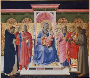 Panna a dítě se šesti svatými, Petrem, Kosmou a Damiánem, svatým Janem, svatým Vavřincem a svatým Františkem. Detail oltářního obrazu Annalena (dřevomalba