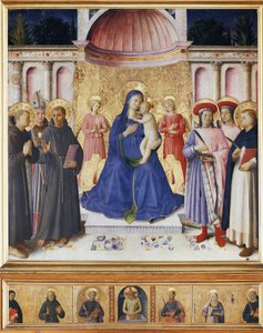Jungfrau und Kind mit sechs Heiligen, St. Antonius von Padua, St. Ludwig von Toulouse, St. Franziskus, St. Cosmas und Damian, St. Peter von Verona. Bosco ai Frati Altarbild von Fra  Angelico