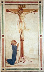 Ukřižování se svatým Dominikem. Nápis "INRI"" na kříži. Freska od Guida di Pietra od Fra Angelico