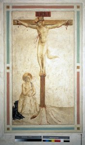 Ukřižování se svatým Dominikem. Nápis "INRI"" na kříži. Freska od Guida di Pietra od Fra Angelico