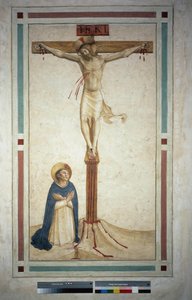 Ukřižování se svatým Dominikem. Nápis "INRI"" na kříži. Freska od Guida di Pietra od Fra Angelico