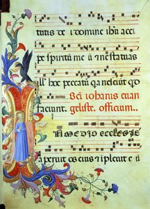 Ms 558 f.13v Historizovaná iniciála "I" s vyobrazením svatého Jana Evangelisty, se stránkou notového zápisu z misálu, počátek 30. let 14. stol. od Fra Angelico