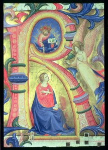 Ms 558 f.33v Zvěstování zobrazené historizovanou iniciálou R, detail z misálu, počátek 30. let 14. století, pergamenový detail 88932 od Fra Angelico