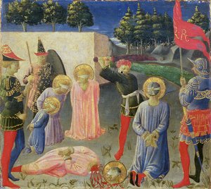 Stětí sv. Kosmy a sv. Damiána z predely oltářního obrazu Annalena, kolem 1434 (tempera na panelu) od Fra Angelico
