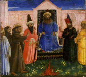 Zkouška ohněm svatého Františka před sultánem, kolem 1435-40 (tempera na topolovém dřevě)