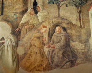 Reforma karmelitánského řádu, detail čtyř karmelitánských mnichů, detail fresky kolem roku 1422 z roku 94764 od Fra Filippo Lippi