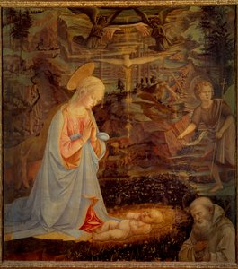 Panna, Dítě Ježíš, Svatý Jan Křtitel a Svatý Bernard z Clairvaux (San Bernardo di Chiaravalle) (1090 - 1153) Poslední jmenovaný byl zakladatelem řádu cisteriánů a prvním patronem řádu templářů. Detrempe na w od Fra Filippo Lippi