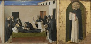 Smrt svatého Dominika a svatého Tomáše Akvinského. Cortona Polyptych detail predella, c1437.