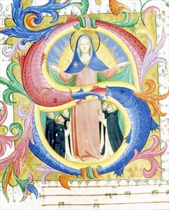 Misál 558 f.156v Historizovaná iniciála "S" zobrazující Pannu Marii, která pod svým pláštěm ukrývá prosebníky, asi 1429-30 (pergamen) od Fra and Strozzi Zanobi di Benedetto Angelico