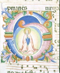 Misál 558 f.92 Historizovaná iniciála "G" zobrazující modlící se Pannu Marii od Fra and Strozzi Zanobi di Benedetto Angelico