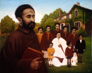 Haile Selassie v exilu, 1987 (olej a tempera na panelu) od Frances Broomfield
