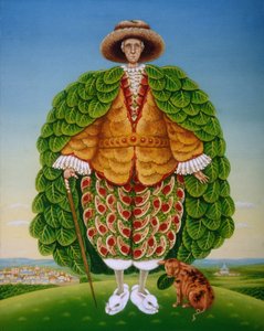 The New Vestments (Ivor Cutler jako postava v básni Edwarda Leara), 1994 (oleje a tempery na panelu) od Frances Broomfield