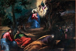 Modlitba v zahradě olivovníků Vpravo přichází Jidáš s vojáky, aby zastavili Ježíše Krista. Obraz Francesca Bassana mladého (asi 1549-1592) Benátky, Chiesa del Redentore, Itálie od Francesco Bassano