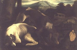 Dva lovečtí psi, kolem roku 1555 od Francesco Bassano