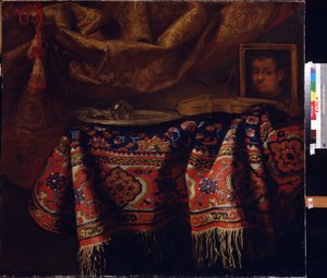 Zátiší s autoportrétem. (Zátiší s autoportrétem). Obraz Francesca Fieravina (mezi 1610 a 1660). Italské umění, barokní styl. Oblastní galerie umění A. Deineka, Kursk, Rusko od Francesco (b.1640) Fieravino