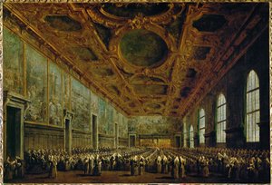 Po svém zvolení děkuje dóže Velké radě v sále Velké rady Dóžecího paláce v italských Benátkách ...