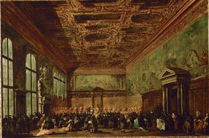 La salle du college au palais des Doges a Venise - Radní sál v Dóžecím paláci, Benátky ...