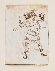 Studie dvou římských vojáků a vousaté postavy (recto); Studie vousatého muže, který chodí s holí (verso) (pero a hnědý inkoust)