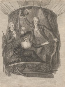 Nanebevstoupení Madame Sage, Chevalier Biggin a kapitán Vincent Lunardi v balónu, 20. června 1785 od Francesco Bartolozzi