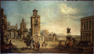 ""Pouliční scéna ve městě, velké náměstí s památkami"" (Pohled na město) Obraz Francesca Battaglioliho (ec. venit.) (1722-1790) Ermitážní muzeum 18. století, Petrohrad