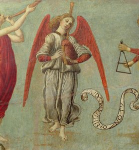 Anděl hrající na dudy, tempera c.1475-97 na detailu panelu 64871, viz také 64873 a 64874