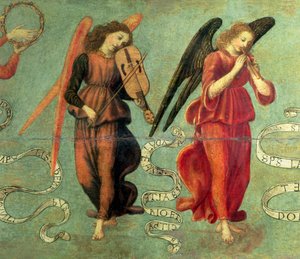 Andělé hrající na housle a píšťaly, asi 1475-97 tempera na desce detail 64871, viz také 64872 a 64873