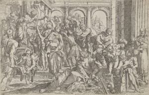 Svatý Roch vlevo rozdává almužnu skupině lidí shromážděných kolem sebe po ..., 1590-1600.