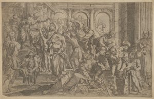Svatý Roch vlevo rozdává almužnu skupině lidí shromážděných kolem sebe, po A..., ca. 1607.