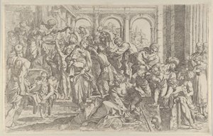 Svatý Roch vlevo rozdává almužnu skupině lidí shromážděných kolem sebe, asi... 1590-1600.