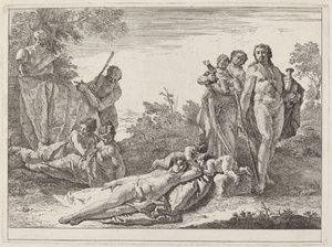 Apollo a nymfy v krajině s bustou Pan od Francesco Fontebasso