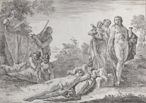Devět figurek poblíž Herm of Pan, z Bacchanals a historie, 1744. od Francesco Fontebasso