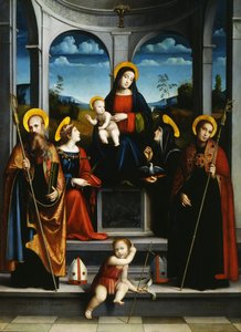 Panna a dítě se svatými Benediktem, Justinou, Placidem a Scholasticou, cca 1515