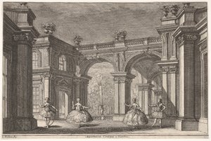 Dvě dámy a dva pánové tančí v zdobném architektonickém prostředí, kašna v..., 1765.