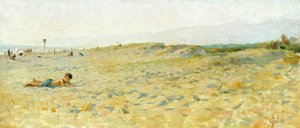 Pláž v Cinquale od Francesca Gioliho (1846-1922), olej na panelu