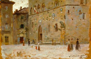 Na náměstí ve Volterře od Francesca Gioliho (1846-1922), olej na panelu