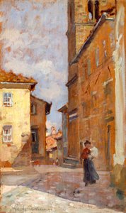 Na ulici ve Volterře od Francesca Gioliho (1846-1922), olej na panelu, 38x23 cm
