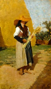 Studie pro Gleaner (female fieldhand) od Francesco Gioli (1846-1922), olej na panelu, 32x19 cm