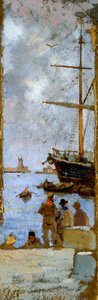Pohled na přístav Livorno od Francesca Gioliho (1846-1922), olej na plátně přenesený na karton, 38x12 cm
