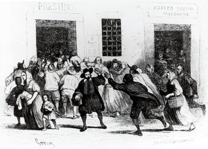 Plenění pekárny o berlích, epizoda ze Zasnoubení, od Alessandra Manzoniho (1785-1873), ilustrace Francesco Gonin (1808-1889) vydání z roku 1840