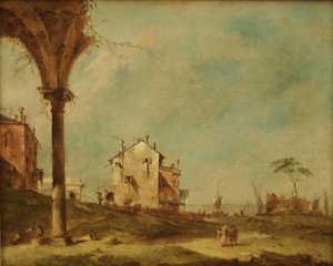 Capriccio, fantazijní krajina s budovami na laguně od Francesco Guardi